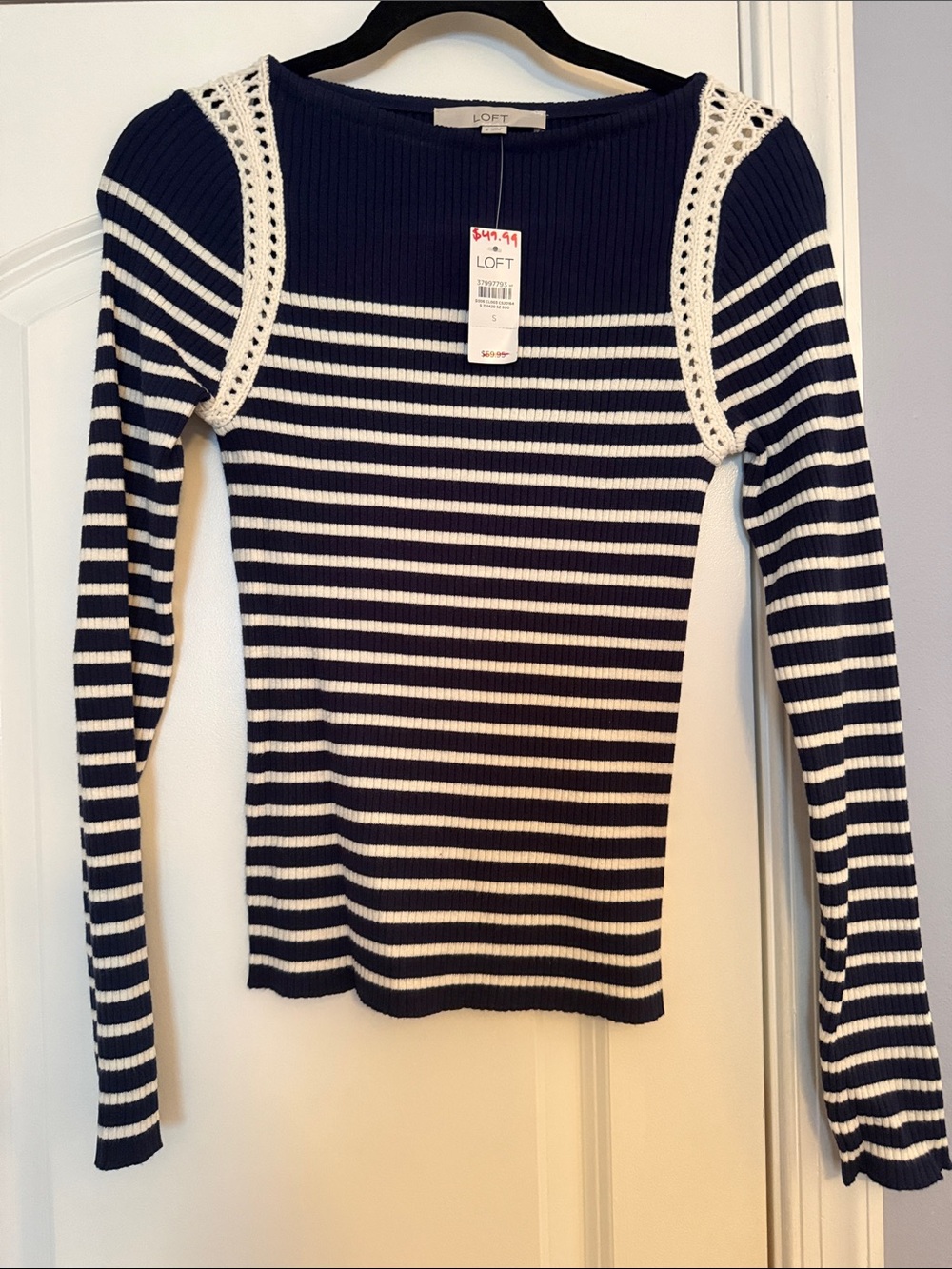 NWTLOFT Navy and White Striped Long-Sleeve Knit Top with Crochet Shoulder Detail